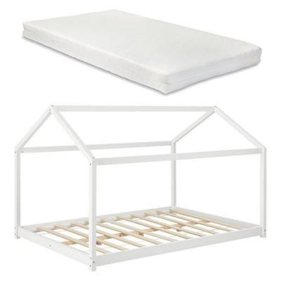 DECOSHOP26 Lit pour enfant cabane maison avec matelas soier &agrave; lattes bois de pin blanc 140 par 200