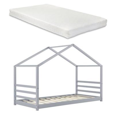 DECOSHOP26 Lit cabane maison pour enfant avec matelas et soier &agrave; lattes bois de pin gris 200 par 90