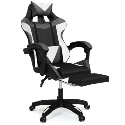 Fauteuil gamer r&eacute;glable, inclinable avec repose-pied et coussins noir, blanc et gris