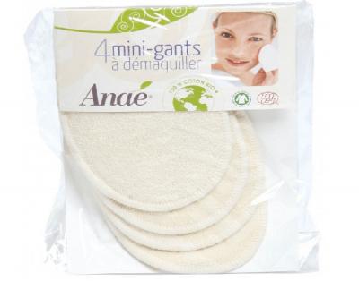 ANAE  Sachet de 4 Mini Gants &agrave; D&eacute;maquiller Lavables en Coton Biologique