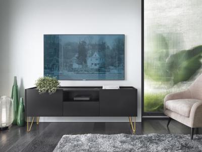 PASCAL MORABITO Meuble TV avec 2 portes, 1 tiroir et 1 niche - Noir, effet marbre noir et dor&eacute; - PIOLUN