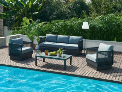 VENTE UNIQUE Salon de jardin en corde et aluminium : 1 canap&eacute; 3 places, 2 fauteuils et 1 table basse - Gris - VANCOUVER de MYLIA