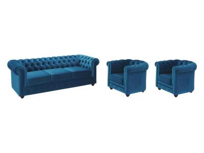 VENTE UNIQUE Canap&eacute; 3 places et 2 fauteuils CHESTERFIELD - Velours bleu canard