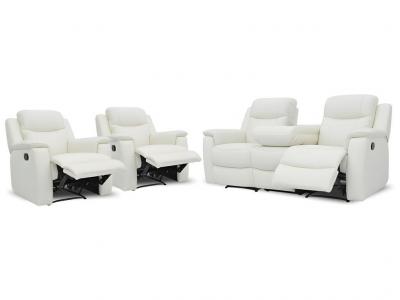 VENTE UNIQUE Canap&eacute; 3 places et 2 fauteuils relax EVASION en cuir - Blanc ivoire