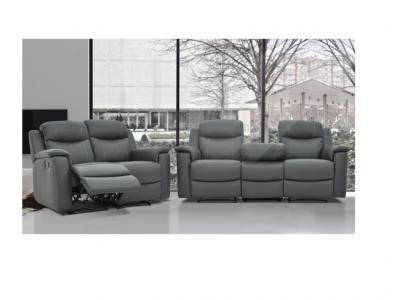 VENTE UNIQUE Canap&eacute; 3+2 places relax EVASION en cuir - gris - avec plateau bar