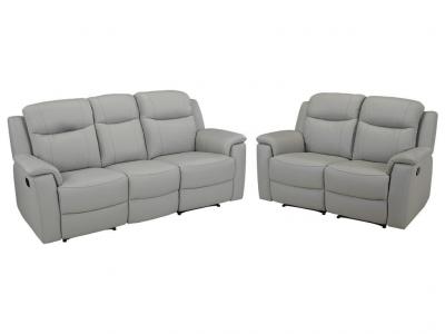 VENTE UNIQUE Canap&eacute; 3+2 places relax EVASION en cuir - gris clair - avec plateau bar