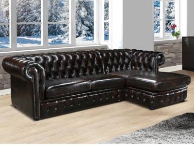 VENTE UNIQUE Canap&eacute; d'angle Chesterfield Brenton 100% Cuir de Buffle - Marron Reflets ch&acirc;tains - Angle Droit
