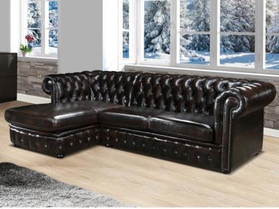 VENTE UNIQUE Canap&eacute; d'angle chesterfield BRENTON 100% cuir de buffle - Chocolat reflets ch&acirc;tains - Angle gauche