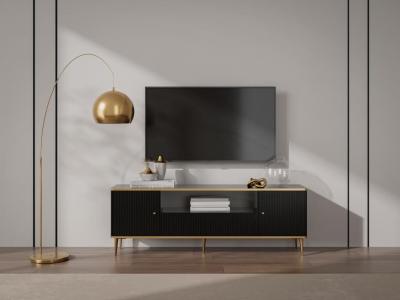 PASCAL MORABITO Meuble TV avec 2 portes, 1 tiroir et 1 niche en MDF et acier - Noir et dor&eacute; - SINEAD