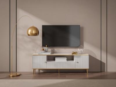 PASCAL MORABITO Meuble TV avec 2 portes, 1 tiroir et 1 niche en MDF et acier - Blanc et dor&eacute; - SINEAD de