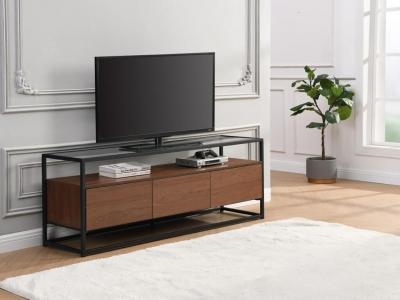 VENTE UNIQUE Meuble TV avec 3 tiroirs en MDF, verre tremp&eacute; et m&eacute;tal - Naturel fonc&eacute; et noir - CAMATA