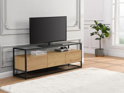 VENTE UNIQUE Meuble TV avec 3 tiroirs en MDF, verre tremp&eacute; et m&eacute;tal - Naturel clair et noir - CAMATA