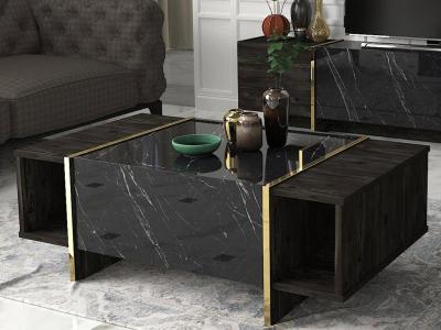 Table basse avec 1 porte et 2 niches - Effet marbre noir, naturel fonc&eacute; et dor&eacute; - CADEBA II