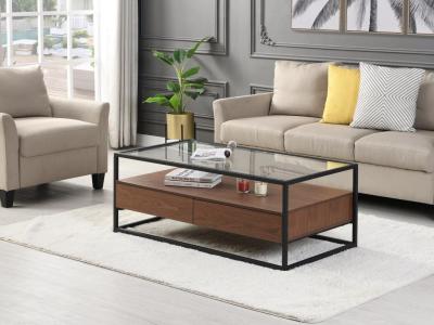 Table basse avec 2 tiroirs en MDF, verre tremp&eacute; et m&eacute;tal - Naturel fonc&eacute; - CAMATA