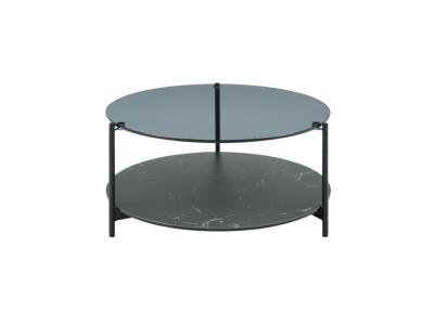 Table basse double plateau en verre tremp&eacute;, c&eacute;ramique et m&eacute;tal - Effet marbre noir - SENRINA