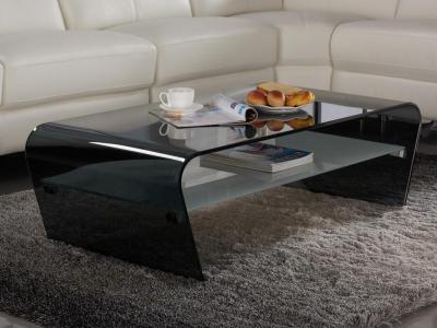 Table basse - Verre tremp&eacute; noir - Tablette blanche laqu&eacute;e - KELLY