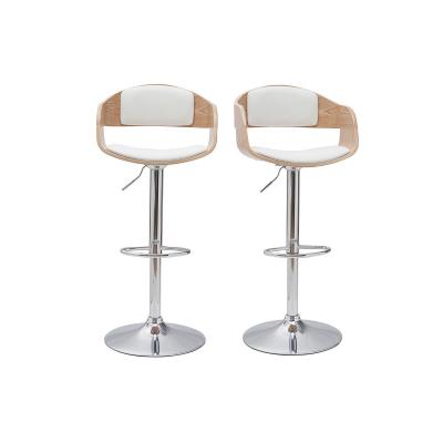 Tabourets de bar design r&eacute;glables en polyur&eacute;thane blanc et bois clair (lot de 2) EUSTACHE