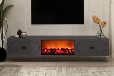 CONCEPT USINE Meuble TV avec chemin&eacute;e LED 150cm gris anthracite et noir FYRA