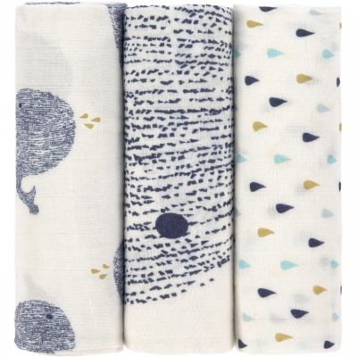 LASSIG L&Auml;SSIG Linge de gaze L paquet de 3 Little Water Whale Blue