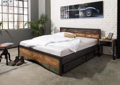 Lit double avec tiroirs 200x200 Bois de r&eacute;cup&eacute;ration laqu&eacute; Multicolore INDUSTRIAL #112