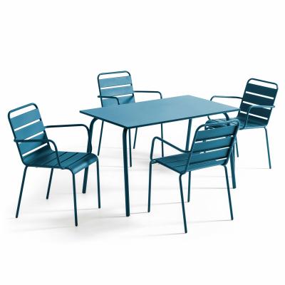 OVIALA Palavas - Table de jardin et 4 fauteuils en m&eacute;tal bleu pacific - Bleu