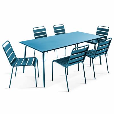 OVIALA  Palavas - Table de Jardin et 6 chaises en m&eacute;tal Bleu Pacific