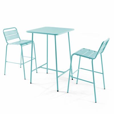 Ensemble table de bar et 2 chaises hautes en m&eacute;tal turquoise 