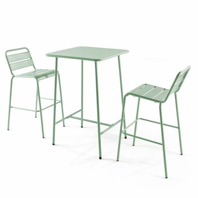 Oviala Palavas - Ensemble Table de Bar et 2 chaises Hautes en m&eacute;tal Vert Sauge