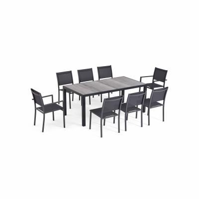 OVIALA Salon de jardin 8 places en aluminium et c&eacute;ramique effet bois gris&eacute;