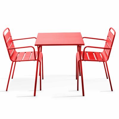 OVIALA Ensemble table de jardin carr&eacute;e et 2 fauteuils acier rouge
