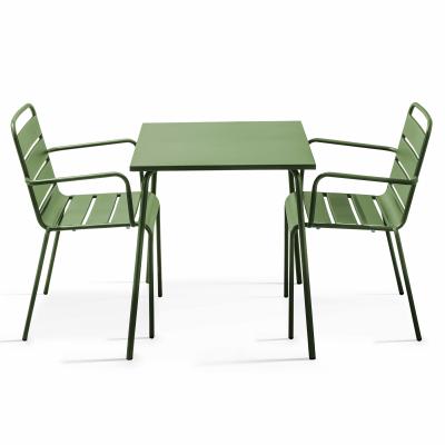 OVIALA  Palavas - Ensemble Table de Jardin carr&eacute;e et 2 fauteuils Acier Vert Cactus
