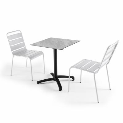  Ensemble table de jardin stratifi&eacute; marbre et 2 chaises blanc
