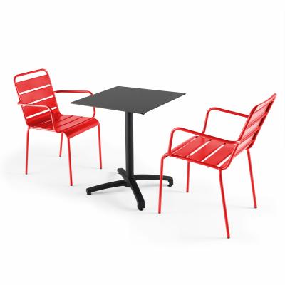  Ensemble table de jardin statifi&eacute; noir et 2 fauteuils rouge