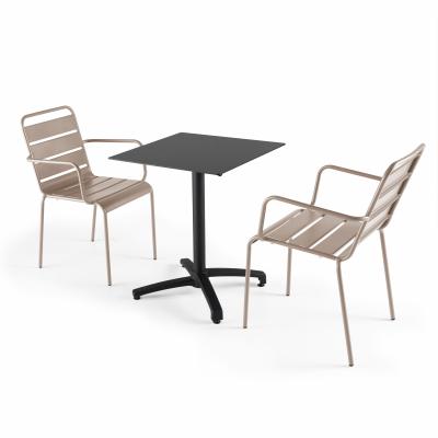  Ensemble table de jardin statifi&eacute; noir et 2 fauteuils taupe