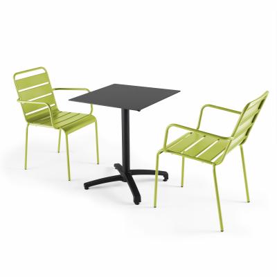  Ensemble table de jardin statifi&eacute; noir et 2 fauteuils vert