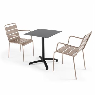  Ensemble table de jardin statifi&eacute; ardoise gris et 2 fauteuils taupe