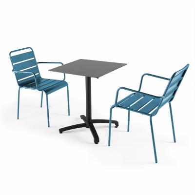  Ensemble table de jardin statifi&eacute; gris et 2 fauteuils bleu pacific