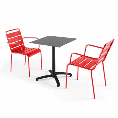  Ensemble table de jardin statifi&eacute; ardoise gris et 2 fauteuils rouge