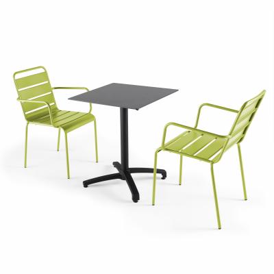  Ensemble table de jardin statifi&eacute; ardoise gris et 2 fauteuils vert