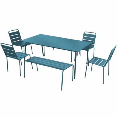 OVIALA Palavas - salon de jardin 2 bancs et 4 chaises en acier bleu pacific