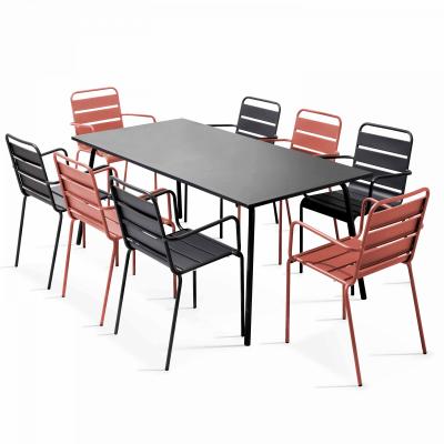 OVIALA Table de jardin et 8 fauteuils en m&eacute;tal anthracite argile et gris