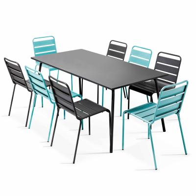 OVIALA Ensemble table de jardin et 8 chaises en m&eacute;tal gris et turquoise