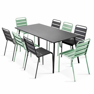 OVIALA Ensemble table de jardin et 8 chaises en m&eacute;tal gris et vert sauge