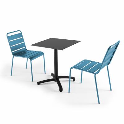  Ensemble table de jardin statifi&eacute; noir et 2 chaises bleu pacific