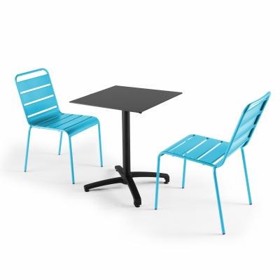  Ensemble table de jardin statifi&eacute; noir et 2 chaises bleu
