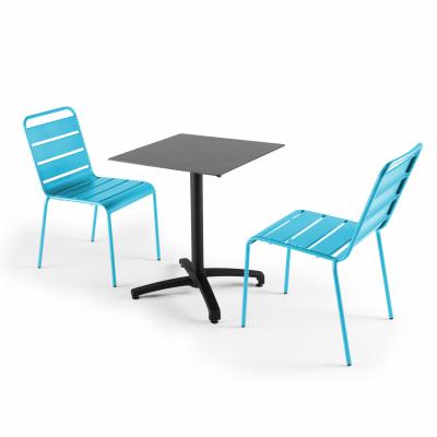  Ensemble table de jardin statifi&eacute; ardoise fonc&eacute; et 2 chaises bleu