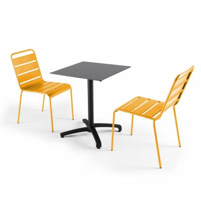  Ensemble table de jardin statifi&eacute; ardoise fonc&eacute; et 2 chaises jaune