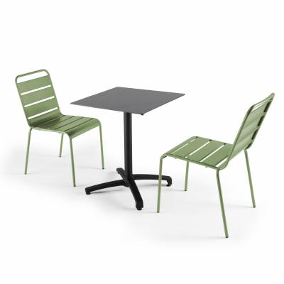  Ensemble table de jardin statifi&eacute; gris fonc&eacute; et 2 chaises vert cactus