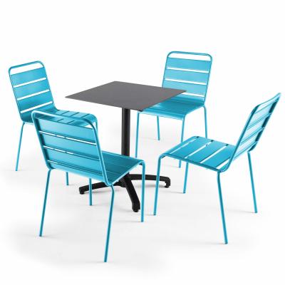 Ensemble table de jardin statifi&eacute; ardoise fonc&eacute; et 4 chaises bleu