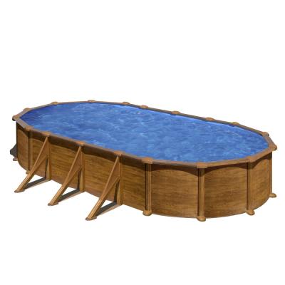 GRE Piscine ovale acier 7,44x3,99x H1,32m - Imitation bois 